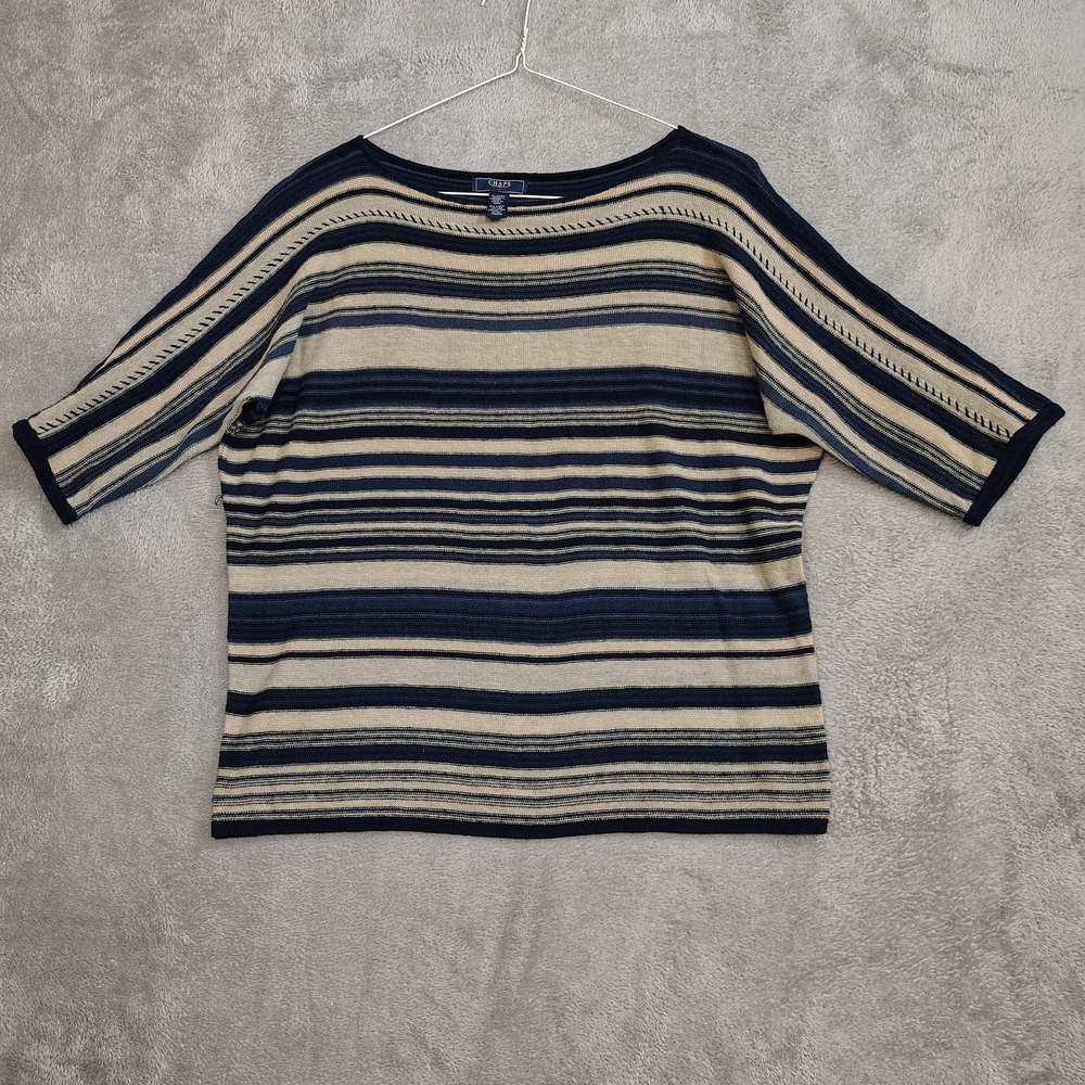 Ralph Lauren Chaps Sweater Womens XL Beige Blue Linen Blend 3/4 Sleeve Top